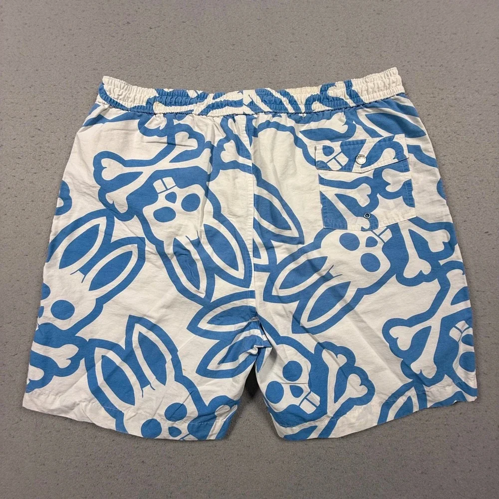 Psycho Bunny Mens Swim Trunks Blue White Skull Bunny Graphic Shorts Large